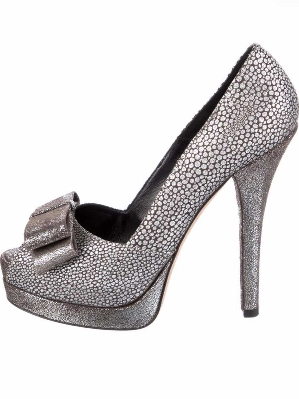 Fendi Metallic Silver Peep-Toe Platform Pump with Bow Accent